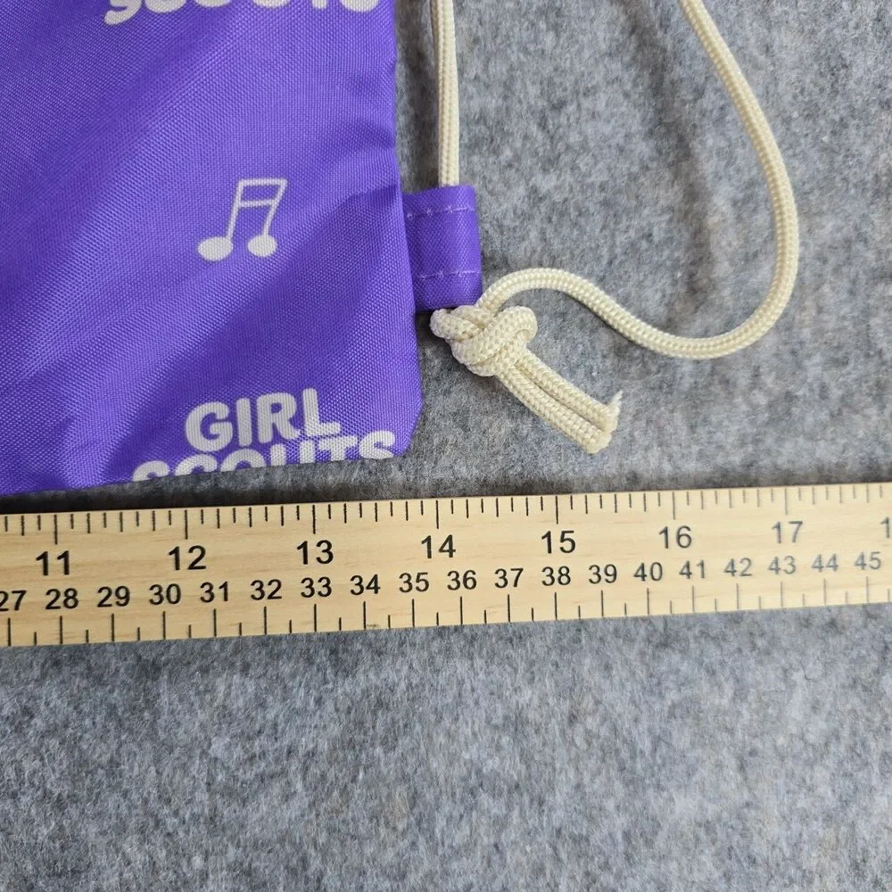 Girl Scouts Drawstring Backpack Cinch Sack Purple White Text Hearts Stars Music